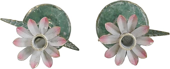 Vintage Lotus Flower Taper Candle Holders Set of 2, Distressed Green Metal Candlestick Stands with Pink Floral Design, Rustic Farmhouse Tabletop Centerpiece for Wedding, Dining & Home Decor