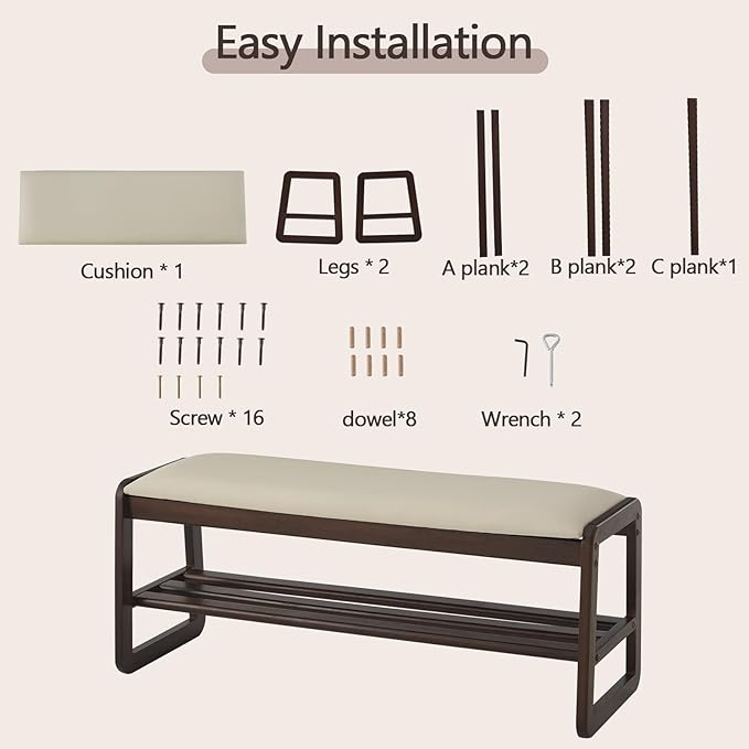 Achicsofar Shoe Rack Bench,2 Tier Wooden Entryway Bench with Shoe Storage, Shoe Rack with Cushion for Living Room, Hallway(Pu Beige, 39.4")