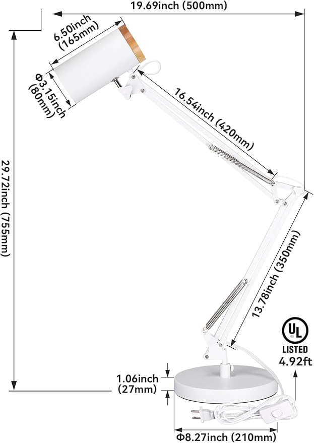 TORCHSTAR Tall Swing Arm Desk Lamp with Wooden Accent, Adjustable Large Size Max Height 31", E26 Base Metal Task Lamp, Office Desktop Lamp with On/Off Switch, for Reading, Study, Workbench, White