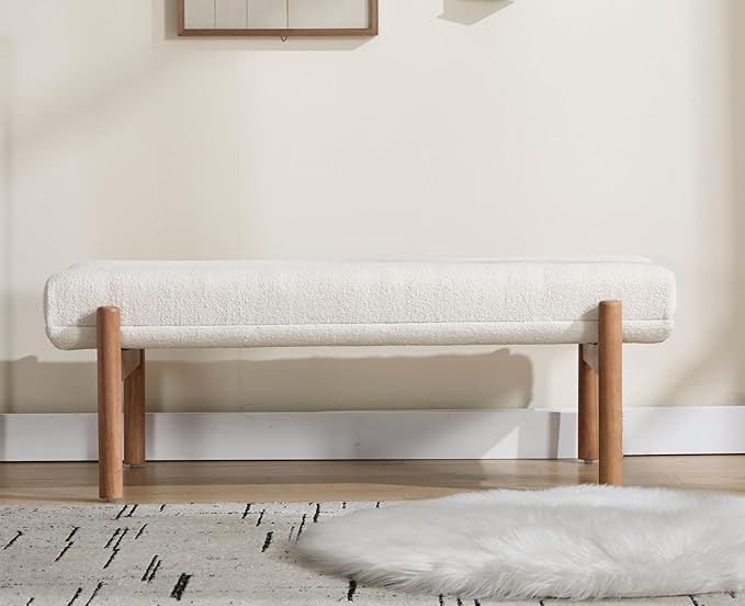 EALSON 47 Inch Entryway Bench Fabric Upholstered End of Bed Bench Modern Bedroom Bench with Cylindrical Cushion and Solid Wood Frame Comfy Chenille Long Ottoman Bench for Bedroom Living Room, Beige