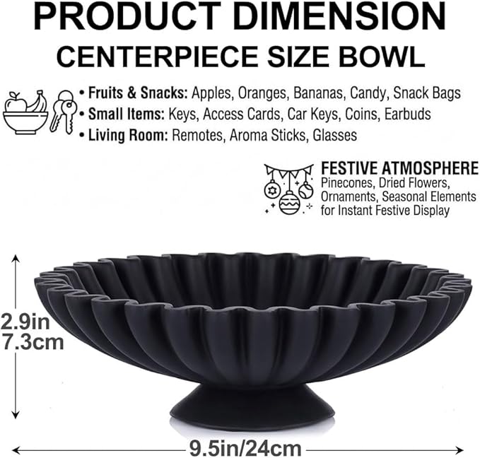 QIANLING Large Black Decorative Pedestal Bowl - Modern Resin Handcrafted Decorative Fruit & Key Bowl for Home Decor, Entry Table, Kitchen Counter, Coffee Table, Side Table, Living Room Accent