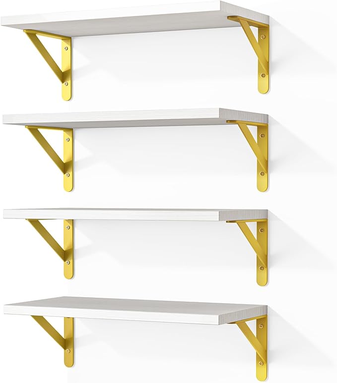 Fixwal White Shelves, Wood Wall Floating Mounted Shelves for Bedroom, Bathroom, Living Room, Kitchen Storage and Decor(White, Set of 4, 16.5 Inch)
