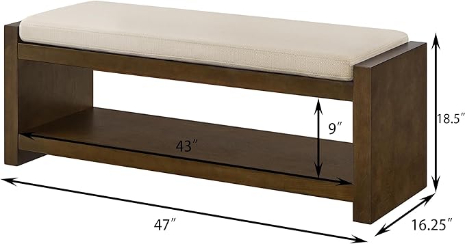 Accent Bench with Lower Shelf Shoe Rack, Padded Seating Bench for Living Room, Modern Compact Bed End Bench with Storage for Bedroom Seating, Removable Cushion (Ivory, 47" L)