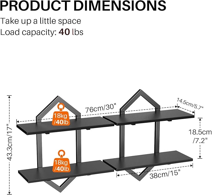 Floating Shelves, Set of 2 Wall Shelf, Wall Mounted Decorative Shelves, 2-Tier Modern Geometric Hanging Storage Shelf for Living Room, Bedroom, Kitchen, Office, Study (Black)