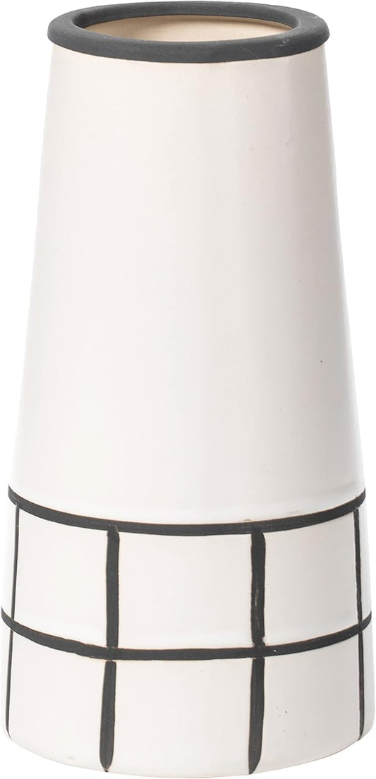 7" H Ceramic Modern Painted Grid Tapered Flower Table Vase, Black and White