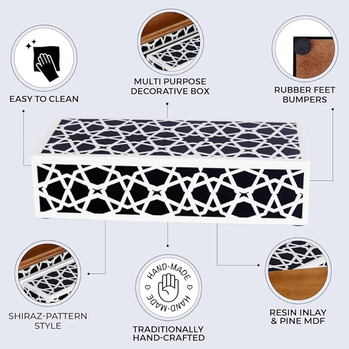 Handicrafts Home Decorative Storage Box with Lid, Black and White Moroccan Zellij Box, Coffee Table Remote Organizer, Geometric Keepsake Box for Living Room, Shelf & Hallway Decor, Zellij 10x4.5x2.5