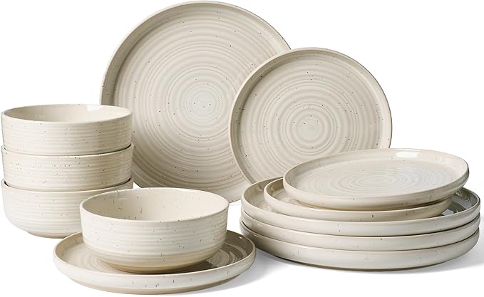 12-Piece Stoneware Dinnerware Set for 4, Flared Plates and Bowls with Reactive Glaze, Speckles & Spirals, Chip & Scratch Resistant Dishes, Dishwasher Safe, Modern Rustic, Shell Beige