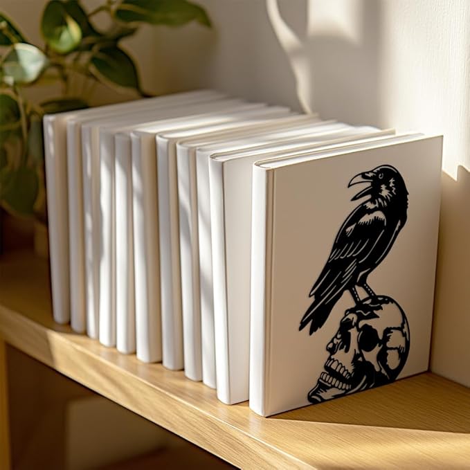 Peacoblue Metal Bookends for Shelves, Modern Decorative Heavy Duty Study Book Support Stoppers for Office, Desk, Shelf, Room 5.3"x4.3"x7.4" Cast Iron Simple Tall Bookends, 1 Pair (Crow and Skull)