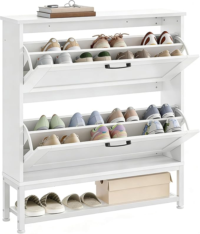 HOOBRO Shoe Cabinet, Narrow Shoe Storage Cabinet with 2 Flip Drawers, Hidden Shoe Rack with Adjustable Divider and Metal Legs, Space-Saving for Entryway, Hallway, White WT21SC01