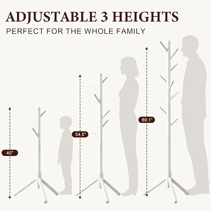 2 PC Wooden Coat Rack Freestanding with 8 Hooks & 3 Adjustable Sizes for Clothes, Space-Saving Design for Bedroom Office Entrance Holds Hats Coats Scarves Bags