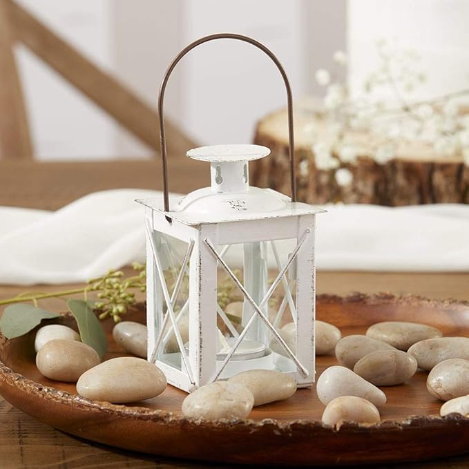 Kate Aspen Rustic Shelf Decor Luminous Vintage Tea Light Votive Candle Holders Metal Mini Decorative Lantern, Distressed White (Pack of 2)