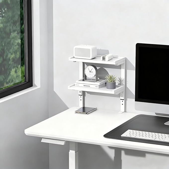 2-Tier Desk Shelf, Expandable Under Desk Storage, Clamp on Desk Shelf, Desktop Accessories for Offices, Study Rooms, and Game Rooms (White)