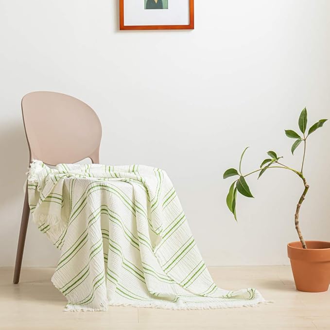 Simple&Opulence Yarn Dyed Striped Cotton Muslin Throw Blanket for Bed, Couch, Knit Woven Blanket with Tassels Soft Lightweight Cozy Pre-Washed Breathable Farmhouse Decoration for All-Season(Green)