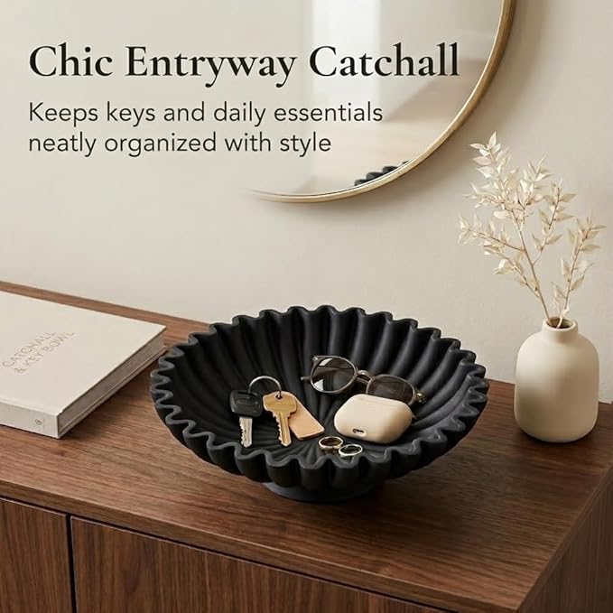 9.5" Large Decorative Bowl - Scalloped Pedestal Bowls for Home Decor, Key Bowls for Entryway Table, Decorative Fruit Bowl for Kitchen Counter, Resin Black Ruffle Coffee Table Decor