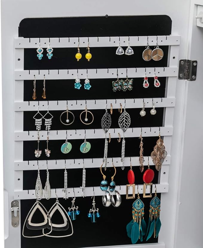 Jewelry Armoire Organizer,Non Full Mirror Wooden Wall Mounted 4-Layer Shelf Larger Capacity Jewelry Storage Mirror Cabinet,White (with 2 Drawers 8 Blue LED Lights)