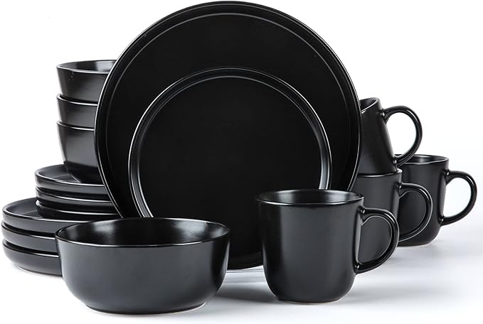 ARORA SKUGGA Round Stoneware 16pc Dinnerware Set of 4, Dinner Plates, Side Plates, Cereal Bowls, Mugs - Matte Black (472979)