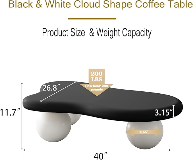 40" Modern Coffee Table Cloud Shape Low Center Table Cute Irregular Indoor Tea Table with 3 Ball Legs for Living Room Small Space