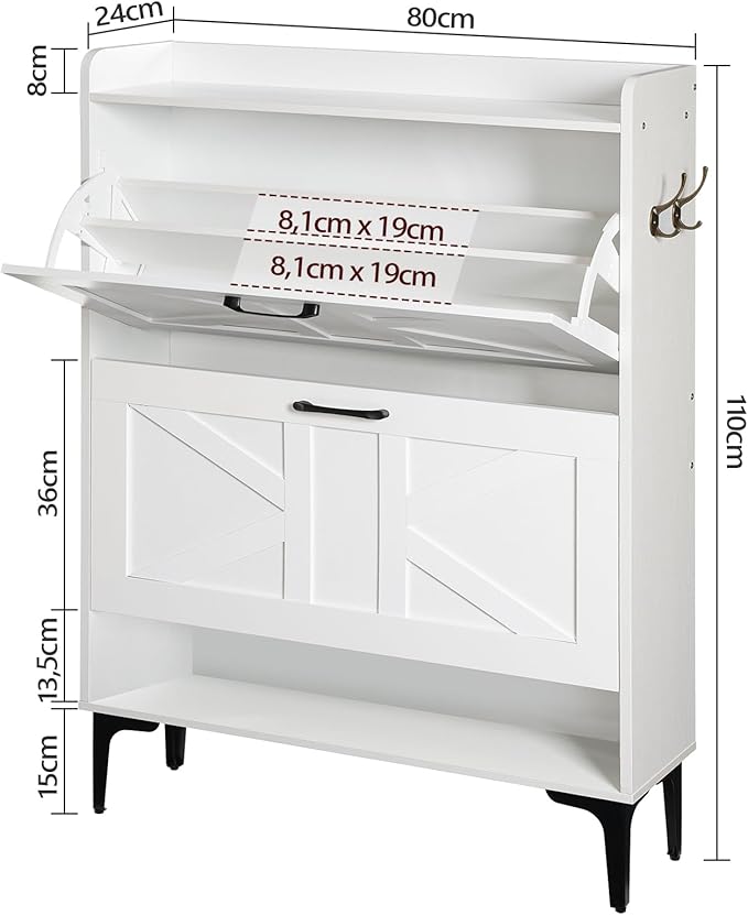 MAHANCRIS Shoe Storage Cabinet, Shoe Organizer with 2 Flip Drawers, Hidden Shoe Storage for Entryway, Freestanding Organizer with Open Storages, White SHWT9401