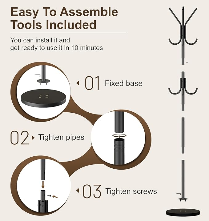MISSLO Heavy Duty Coat Rack Freestanding with Stable Wood Base Metal Coat Tree with 12 Hooks Coats Hanger Stand Adjustable Clothes Tree for Jackets, Hats, Bags Standing Purse Rack for Bedroom, Office