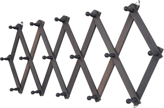 SCUNDA Rustic Wall Mounted Hat Rack with Space Saving Accordion Design, Expandable Hat Holder with 16 Wood Hooks, Modern Farmhouse Wall Hanger for Mug, Coat, Bags(Shabby Grey)