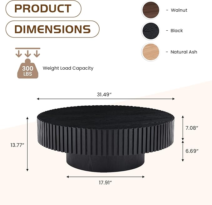 31.49" Round Coffee Table Wood, Modern Circle Drum Fluted Coffee Table for Living Room, Contemporary Low Center Tea Table Side Table for Small Apartment, Farmhouse, Office, Mesa De Cafe, Black