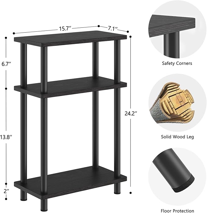 Apicizon Small Narrow Side Table, 3-Tier Skinny End Table with Storage Shelf, Slim Nightstand Bedside Table for Small Spaces, Living Room, Bderoom, Black