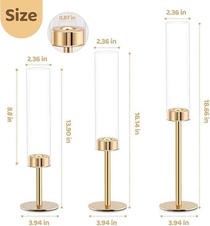 Gold Hurricane Candle Holders Set of 3, Tall Metal & Windproof Glass Taper Candle Holders, Brass Candlesticks Holder Decorations, Table Centerpieces for Weddings, Christmas, Parties, Fireplace Decor