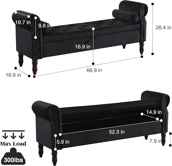 Storage Bench for Bedroom King Size, 67" End of Bed Storage Bench, Upholstered Tufted Storage Ottoman Benches, Velvet Bench with Storage and Arms for Bedroom, Living Room, Entryway, Black