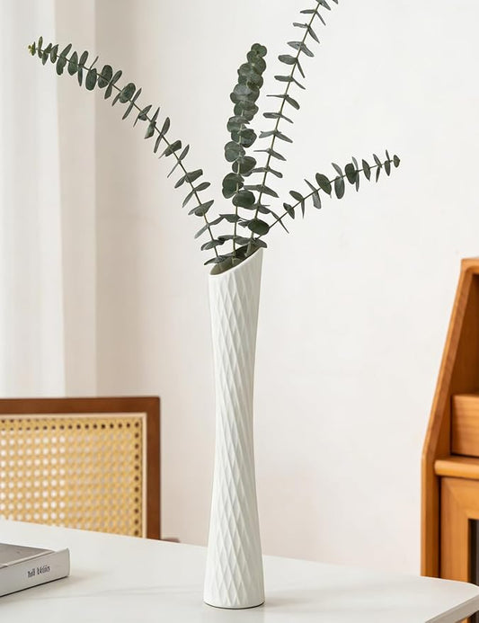 White Tall Vase, 16" Skinny Pretty Waist Ceramic Vase, Handmade Flower Vases for Entryway, Bookshelf, Fireplace, Shelf Decorative