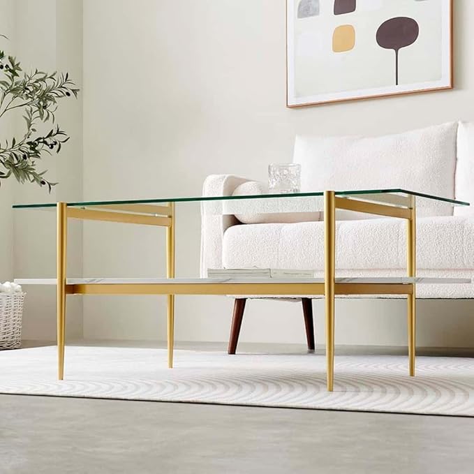 LumFurn Rectangle Coffee Table for Living Room, Mid-Century Modern Design, L41 x W21 x H17, 2-Tier Structure, Clear Glass Top and White Marble Finish Wood Shelf, Conical Legs with Gold Finish