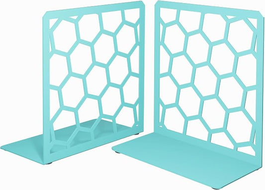 Turquoise Geometric Honeycomb Metal Bookends - Book Ends for Shelves - Decorative Modern Heavy Duty Bookend Stopper - Book Ends for Heavy Books - Home Office Book Holder - 1 Pair, 6x3.25x6.25 in