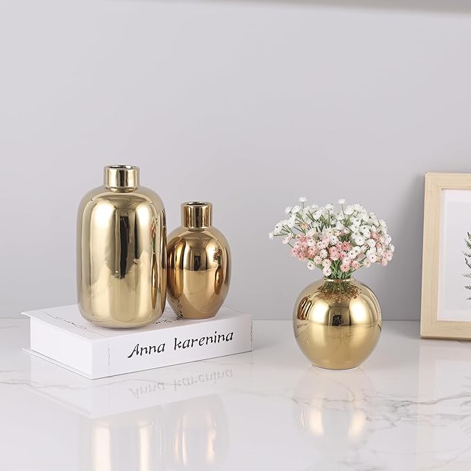 Gold Ceramic Vase Set of 3, Modern Round Circle Electroplated Two-Tone Decorative Vases for Pampas Grass, Dining Table Wedding Centerpiece, Living Room Bedroom Office Bookshelf