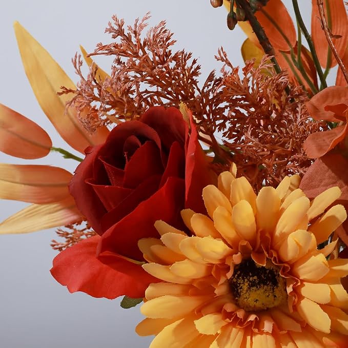 Silk Flowers with Vase, Artificial Flowers Arrangement with Glass Vase Faux Rose for Decoration Table Centerpiece (Daisy Orange)