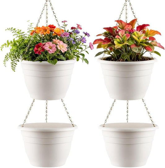 RooTrimmer Hanging Planters 10 Inch, 4 Pcs Flower Pots with Drainage Hole, Self Watering Hanging Basket for Indoor Outdoor Plants, Decor, White