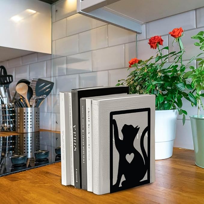 Peacoblue Metal Bookends for Shelves, 3 Pair of Study Cast Iron Cute Cats Rustic Book Stoppers Support Holder Bookends Used on Desk Shelf Farmhouse Room for Small Heavy Duty Books 4.7"x3.5"x7" (Cats)