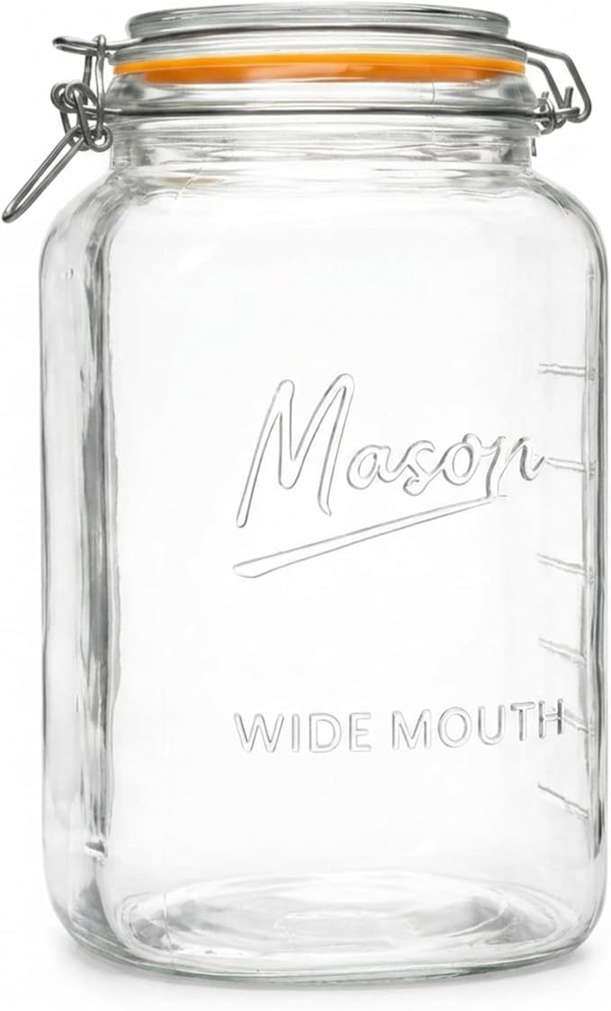1 Gallon Glass Jar with Swing Top Lid - Extra Large Mason Jar Wide Mouth with Airtight Glass Clamp Lid - Square Glass Storage Container with Measurements for Flour, Sugar, Cookies & Pickling