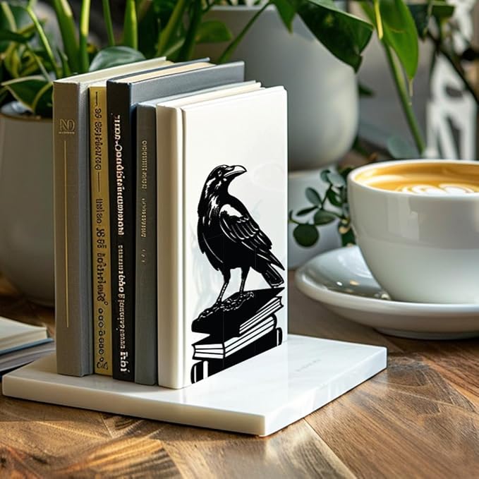 Peacoblue Metal Bookends for Shelves, Modern Decorative Heavy Duty Study Book Support Stoppers for Office, Desk, Shelf, Room 5.3"x4.3"x7.9" Cast Iron Simple Tall Bookends, 1 Pair (Crow on Book Stack)