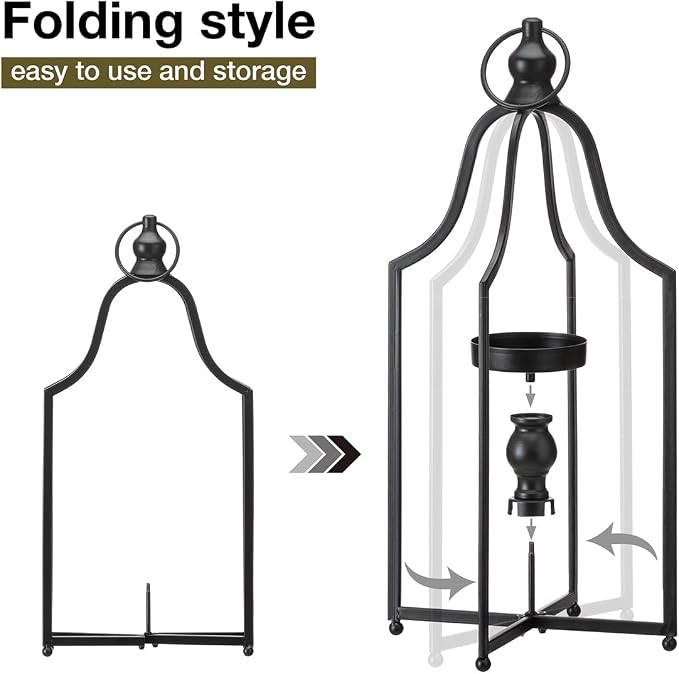 Glitzhome Set of 2 Modern Farmhouse Black Metal Lanterns Decorative Hanging Candle Lanterns for Indoor Outdoor Small&Large (No Glass)