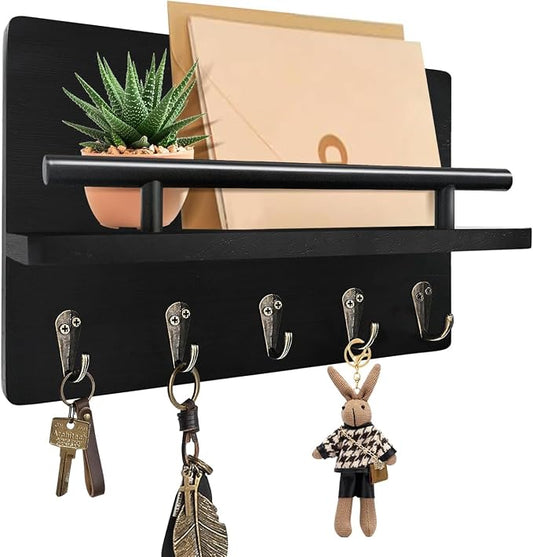 Key Holder Wall Mount, Decorative Key Rack with Shelf & 5 Sturdy Hooks, Rustic Key Hooks for Wall for Mail Organizer Hanging Dog Leash, Glasses, Wooden Key Hanger with Mounting Hardware
