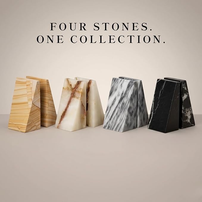 Bey-Berk White Triangular Onyx Marble Bookends - Heavy-Duty Wedge Design, Modern Office and Bookshelf Organizer