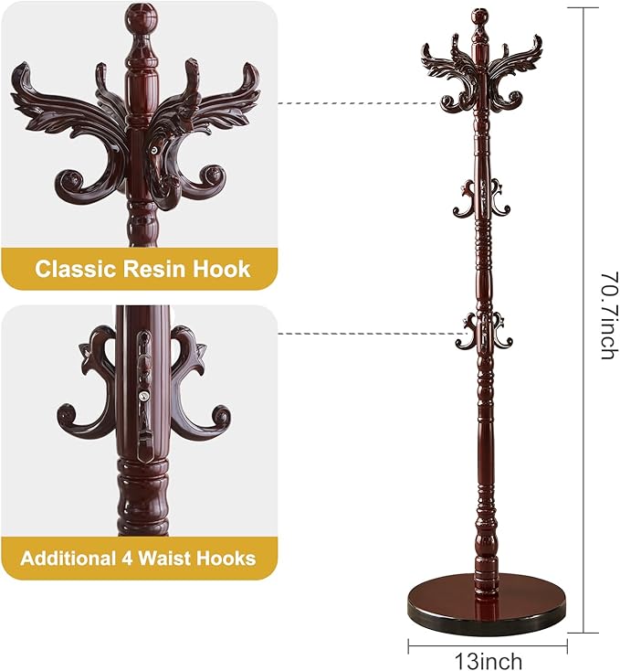 Snaikor Wooden Coat Rack Stand, Vintage Natural Birch Wood Coat Racks Freestanding, Solid Wood Coat Tree Stand with 14 Hooks, Classic Sturdy Coat Racks Hall Tree for Entryway, Office (Round chassis)