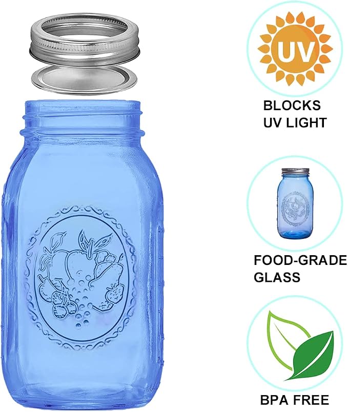 eleganttime Regular Mouth Mason Jars 32 oz,6 Pack Blue Glass Colored Canning Jars with Airtight Lids for Canning,Pickling,Storage,DIY Crafts & Décor