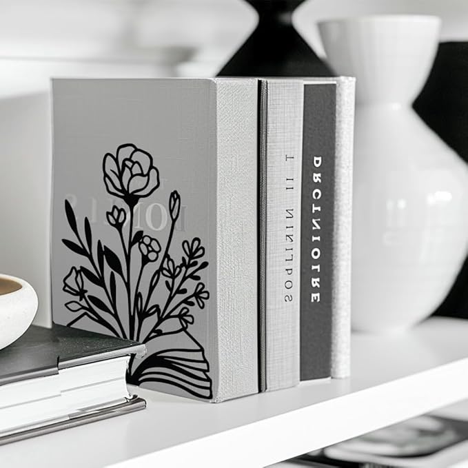 Peacoblue Metal Bookends for Shelves, Modern Decorative Heavy Duty Study Book Support Stoppers for Office, Desk, Shelf, Room 5.3"x4.3"x7.9" Cast Iron Simple Tall Bookends, 1 Pair (Books and Flowers)