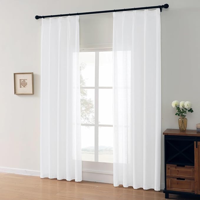 Pinch Pleat White Linen Curtains 108 Inches Long 2 Panels for Living Room Burlap Cotton Textured Semi Sheers Hooks for Ceiling Track Translucent Light Filtering Curtain Drapes 108 Inch Length