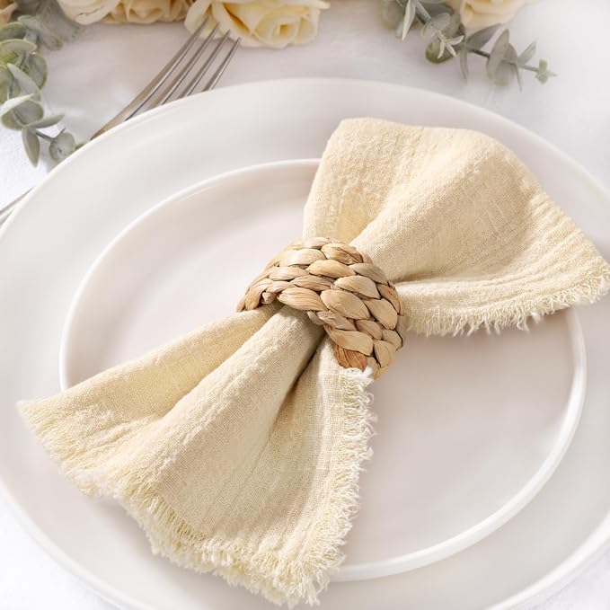 MLMC 10 Pack Beige Cream Cloth Napkins with Fringe Boho Linen Napkins Washable Reusable Rustic Dinner Table Decor 17"×17" for Wedding Party Bridal Baby Shower Home Decor