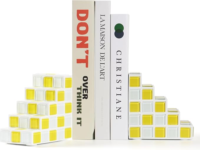 Decorative Bookends for Shelves - Stair Book Ends for Heavy Books - Unique Book Stopper & Holder for Shelves - Modern Home Decor Aesthetic Bookshelf Decor (Yellow & White)