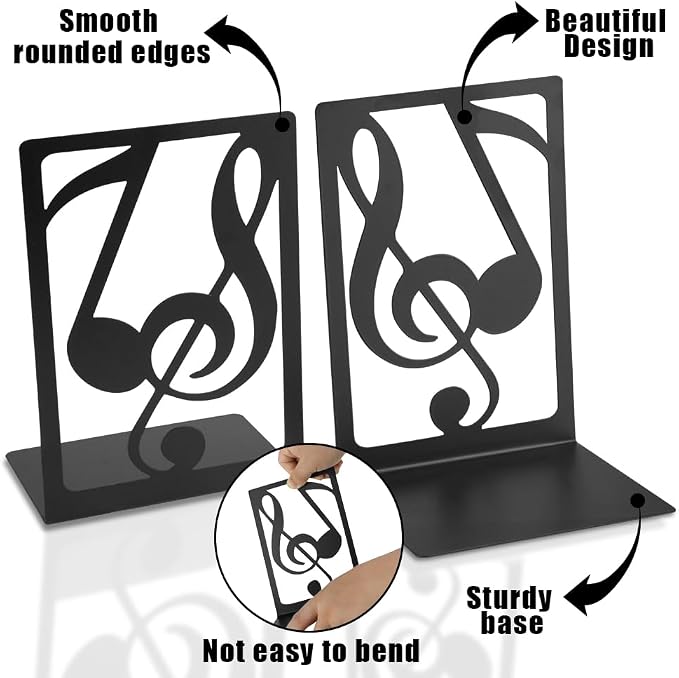 3 Pairs Book Ends Metal Bookends for Shelves, Decorative Bookends for Heavy Books Non-Skid Musical Note Bookshelf Holder, Book Stopper Bookshelf Decor for Family, Office and School