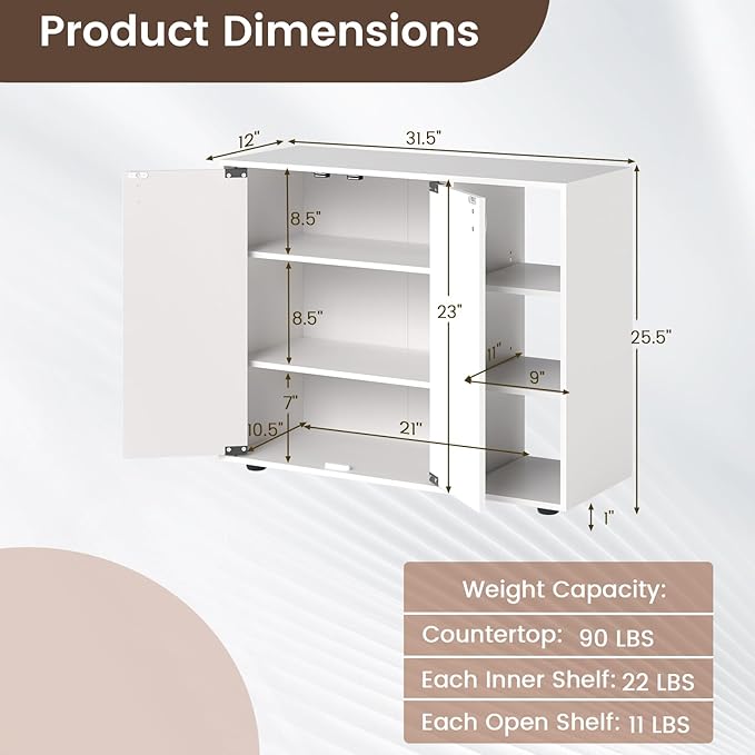 Giantex Wood Shoe Cabinet with Doors, Freestanding Shoe Rack Cabinet with 3-Level Adjustable Open Shelves, Modern Wooden Shoe Storage Cabinet for Entryway, Hallway, Closet, Living Room (White)