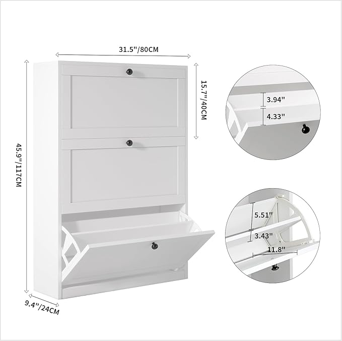 VOWNER Shoe Storage Cabinet with 3 Flip Drawers, Freestanding Shoe Cabinet with Adjustable Shelf & Anti-Tipping Device, Slim Shoe Rack for Entryway, Hallway, Living Room, White (White)