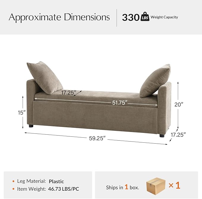 59.5" Modern Storage Ottoman Bedroom Bench, End of Bed Bench with Arms and Throw Pillows, Footrest Stool for Living Room, Dining Room, Entryway and Hallway, Brown